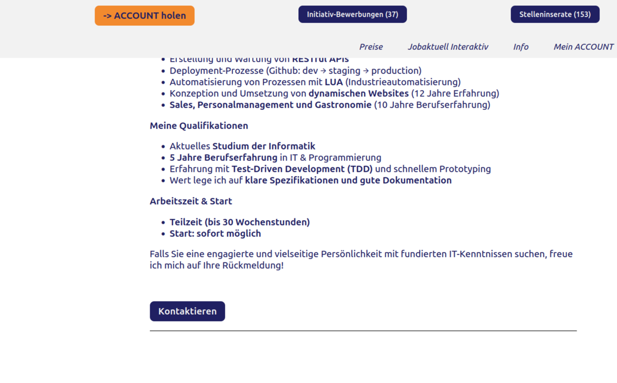 Screenshot einer Initiativ-Bewerbung einer Person auf Arbeitssuche auf der regionalen Online-Jobbörse jobaktuell - Jobbörse Salzburg