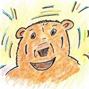 Handgezeichnetes Bild im Kinderbuchstil von einem Bären, der begeistert ist